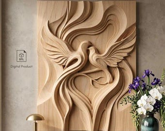 Painel de madeira abstrato com pássaros em STL | Arte de parede minimalista em CNC | Escultura em relevo 3D | Decoração moderna em madeira com estilo arquitetônico | Download digital