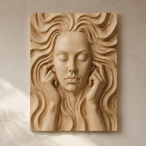 Hear No Evil Face STL – Minimal CNC Wall Art, Abstract Female Relief, Fingers on ears, Modern Wood Decor, Digital Download