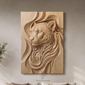 May include: A rectangular light-colored wooden wall art piece featuring a high-relief carving of a leopard head surrounded by flowing, abstract wave-like patterns. The artwork displays intricate textures and depth within the wood grain.