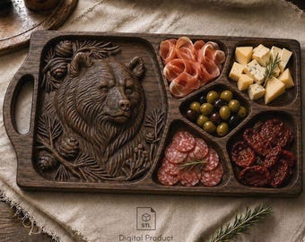 Bear Charcuterie Board STL | CNC Serving Tray File | Bear Cutting Board Relief | Wildlife Wood Carving | VCarve Aspire Estlcam Design