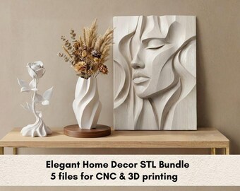 Elegantes STL-Set für Wohnaccessoires – Moderne Tischrose, Fließende Vase, Abstraktes Wandbild, Schmuckkästchen & Fließendes Regal – 3D-Druckset