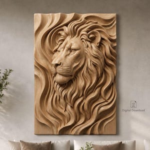 May include: A rectangular wooden wall art piece featuring a high-relief carving of a lion's head with a flowing, wavy mane. The natural light brown wood grain is visible throughout the sculpture. The text Digital Download is printed below.