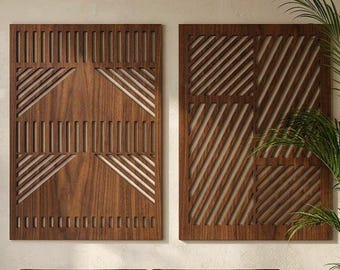 Conjunto de 2 Painéis de Parede Modernos em Madeira | Decorações Geométricas Abstratas em Madeira | Conjunto de 2 Peças para Decoração de Parede Minimalista e Contemporânea