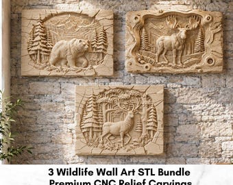 Wildlife Wall Art STL Set of 3 | Bear Deer Moose CNC Files | Rustic Lodge Decor | Wood Relief Carving | Hunting Retreat Accent