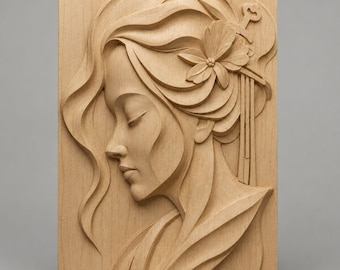Geisha-Wandpaneel (STL-Datei) | Abstraktes Gesichtsrelief aus Holz | 3D-Wandkunst | Asiatisches minimalistisches Dekor | Digitaler Download für CNC-Fräsen