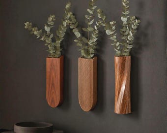 3er-Set schlanker Wandtaschen aus Holz (STL-Datei), modernes Hängepflanzgefäß-Set, minimalistische CNC-Vasen-Dekoration, Eukalyptus-Dekoration mit konserviertem Blattwerk, digitaler Download