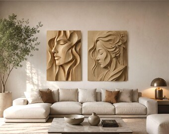 Abstraktes Gesicht & Geisha-Holzpaneel (STL-Bundle) – Minimalistische CNC-Wandkunst, 3D-Reliefschnitzerei, moderne architektonische Holzdekoration, digitaler Download