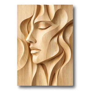 Può includere: Un'opera d'arte da parete in legno con un rilievo scolpito del volto di una donna di profilo. L'opera presenta capelli fluenti e lineamenti delicati, il tutto reso in tonalità di legno naturale. Il pezzo è rettangolare.