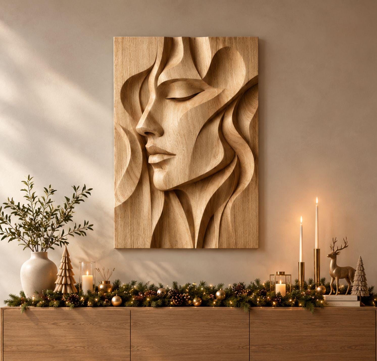 Abstract Face Wood Panel STL – Minimal CNC Wall Art, 3D Relief