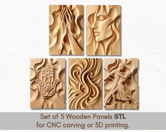 5er-Set Holzpaneele (STL) – Minimalistische CNC-Wandkunst, 3D-Reliefschnitzerei, moderne architektonische Holzdekoration