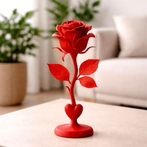 Puede incluir: Una vibrante escultura de rosa roja con pétalos y hojas detallados. El tallo presenta un acento en forma de corazón y descansa sobre una base circular. Esta pieza decorativa es ideal para la decoración del hogar.