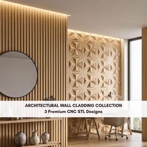 May include: Architectural wall cladding collection 3 premium CNC STL designs featuring light wood vertical slats and a geometric 3D patterned wall panel with a round black-framed mirror and three ceramic vases on a wooden shelf.