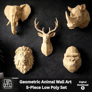 Juego de 5 cabezas de animales de baja poligonización – Decoración de pared minimalista STL | Gorila, león, elefante, rinoceronte y ciervo