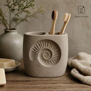 Ammonite Toothbrush Holder STL File – Luxury Bathroom Organizer, Japandi Vanity Decor, Fossil Inspired Bathroom Accessory, 3D Print