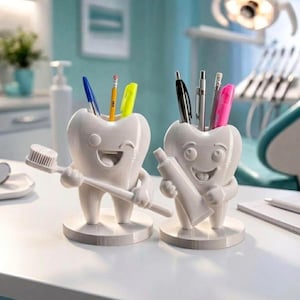 Soporte para bolígrafos dentales STL | Organizador de escritorio para cepillo y pasta de dientes | Decoración para consultorio dental | Regalo divertido para dentistas | Archivo para impresión 3D