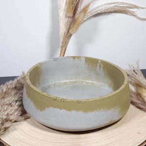 May include: A round, gray concrete bowl with a band of olive green paint around the rim. The bowl sits on a wooden slice, with dried ornamental grass in the background.