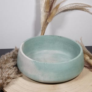 May include: A round, light blue concrete bowl with a white rim, set on a wooden slice. The bowl has a smooth interior and a textured exterior. Dried ornamental grass is in the background.