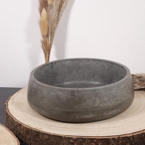 May include: A gray concrete bowl with a rounded shape, displayed on a natural wood slice. The bowl has a smooth, matte finish. Dried ornamental grasses are arranged near the bowl, adding a natural aesthetic.