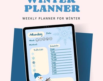 May include: A digital winter planner with the text "WINTER PLANNER" in blue. The planner displays a weekly schedule, to-do list, and mood tracker. A snowman illustration is at the bottom. The background is light pink and blue.