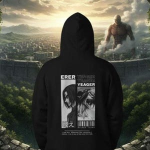 May include: Black hooded sweatshirt featuring a graphic of Eren Yeager from Attack on Titan. The design includes the text "ERER YEAGER YEAGER YEAGER" and a black and white illustration of the character. The background shows a city and a giant.
