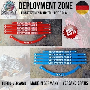 Könnte beinhalten: Rote und blaue Deployment Zone-Marker mit weißem Text. Die Marker umfassen gerade Linien und gebogene Teile. Der Text "DEPLOYMENT ZONE" und "ZONE" ist sichtbar. Das Bild enthält auch den Text "MADE IN GERMANY".