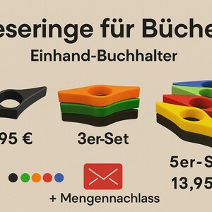 Könnte beinhalten: Verschiedene farbige Buchhalter in Schwarz, Orange, Grün, Gelb, Rot und Blau. Das Bild zeigt einen einzelnen schwarzen Halter, ein 3er-Set und ein 5er-Set. Der Text lautet "Leseringe für Bücher" und "Einhand-Buchhalter".