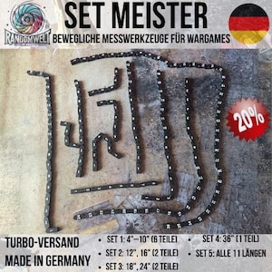 Könnte beinhalten: Eine Sammlung schwarzer, segmentierter Messwerkzeuge mit weißen Zahlenmarkierungen, angeordnet auf einer strukturierten Oberfläche. Der Text "SET MEISTER" und "RANDOMWELT" ist sichtbar. Das Bild zeigt Messungen von 10 cm bis 91 cm und einen Rabatt von 20%.
