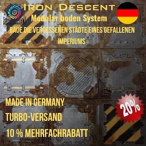 Könnte beinhalten: Ein modulares Bodensystem mit rostigem Metallaussehen. Das Bild zeigt den Text "IRON DESCENT" und "Modular boden System". Zusätzlicher Text enthält "MADE IN GERMANY" und 20% Rabatt. Geeignet für Tabletop-Gaming.