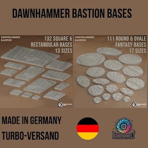 Könnte beinhalten: Bild von Dawnhammer Bastion Bases. Das Bild zeigt zwei Sätze von Basen für Miniaturfiguren. Ein Satz enthält 132 quadratische und rechteckige Basen in 13 Größen. Der andere Satz enthält 111 runde und ovale Fantasy-Basen in 17 Größen. Der Text "MADE IN GERMANY" ist ebenfalls sichtbar.