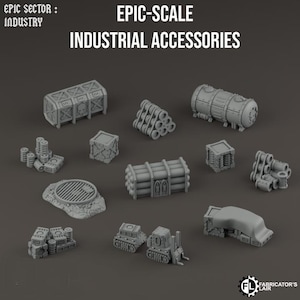 Könnte beinhalten: Ein Set aus grauen Plastik-Industrie-Accessoires für Tabletop-Spiele. Das Set enthält Rohre, Kisten, Fässer, einen Gabelstapler, einen Panzer und andere Industrieobjekte.