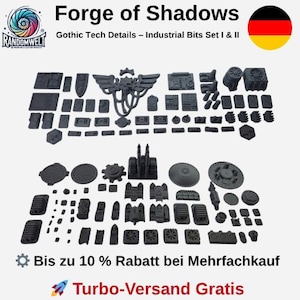 Könnte beinhalten: Eine Sammlung dunkelgrauer Gothic Tech Details, Industrial Bits Set I & II, mit verschiedenen Formen und Größen. Das Bild zeigt mechanische Komponenten, Paneele und dekorative Elemente, ideal für Miniaturmodell-Enthusiasten. Der Text "Forge of Shadows" befindet sich oben.