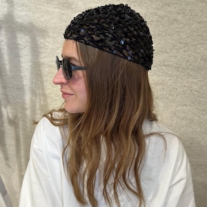 Crochet Black Mesh Hat, Mesh Beanie Hat with Sequins, Netted Mesh Beanie, Hand-Crocheted Skull Cap , Women Lace Cap