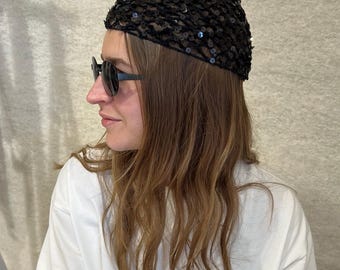 Crochet Black Mesh Hat, Mesh Beanie Hat with Sequins, Netted Mesh Beanie, Hand-Crocheted Skull Cap , Women Lace Cap