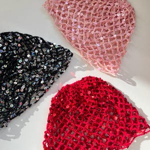 Hand-Crocheted Mesh Beanie - Sparkly Sequined White Lace Hat
