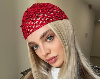 Tocado de redecilla, gorro de malla con lentejuelas, gorro de verano de punto, gorro de malla, redecilla, gorro de malla rojo
