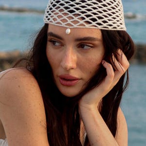 Crochet White Mesh Hat, Netted Mesh Beanie, Handmade hat, Mesh Beanie with pearl, Women Lace Cap, Summer Hat,Hair Accessory