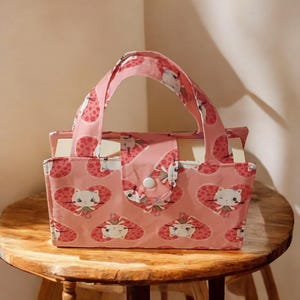 Couverture de livre rose Kitty Love avec poches et poignées, cartable de voyage personnalisé, pochette en coton avec bouton-pression