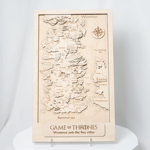 Mappa in legno 3D di Westeros e Essos di Game of Thrones, mappa fantasy tagliata al laser, arredamento per la casa, regalo per i fan di GOT, mappa delle avventure fatta a mano, arte murale