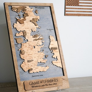 Mappa in legno 3D di Westeros e Essos di Game of Thrones, mappa fantasy tagliata al laser, arredamento per la casa, regalo per i fan di GOT, mappa delle avventure fatta a mano, arte murale