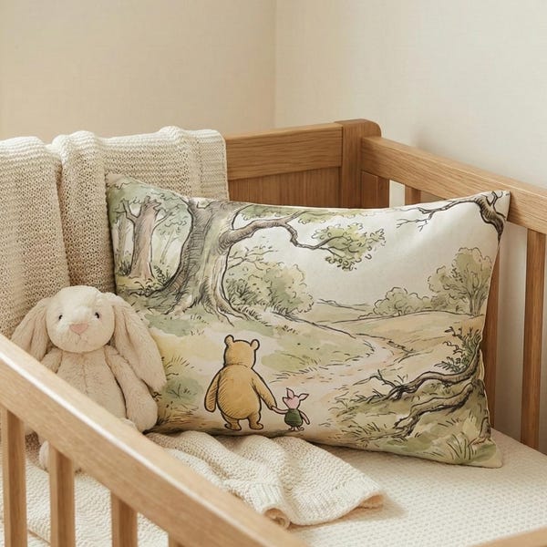 Classic Winnie the Pooh Lumbar Pillow, Vintage Piglet Nursery Decor, Hundred Acre Wood Art Cushion, Disney Baby Shower Gift