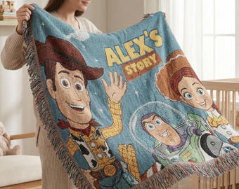 Personalized Toy Story Blanket, Woody Buzz Lightyear Jessie Rex, Custom Name Kids Gift, Disney Pixar Woven Cotton Throw, Nursery Decor