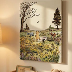 Classic Winnie the Pooh Canvas Wall Art, Hundred Acre Wood Nursery Decor, Vintage Disney Print, Tigger Eeyore Piglet Paint, Baby Shower Gift