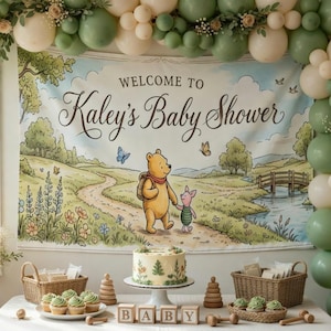 Winnie the Pooh Baby Shower Backdrop, Classic Pooh and Piglet Party Banner, Personalized Hundred Acre Wood Tapestry, Custom Nursery Wall Art