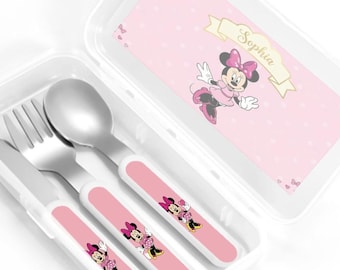 Personalized Minnie Mouse Cutlery Set, Custom Kids Silverware with Case, Disney Fork Spoon Knife, Toddler Utensils for School Lunch