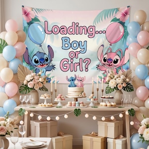 May include: A gender reveal party setup with a banner that reads "Loading... Boy or Girl?" featuring cartoon characters. The scene includes balloons in pastel colors, a cake, and decorative desserts. The table is adorned with flowers and string lights.