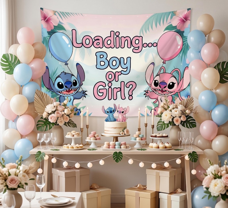 May include: A gender reveal party setup with a banner that reads "Loading... Boy or Girl?" featuring cartoon characters. The scene includes balloons in pastel colors, a cake, and decorative desserts. The table is adorned with flowers and string lights.