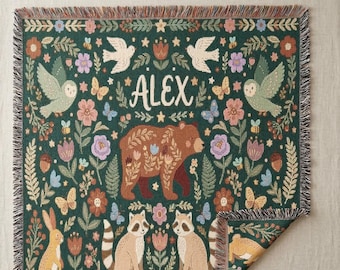 Personalized Kids Forest Bear Woven Throw Blanket, Custom Name Woodland Animal Nursery Decor, Cotton Tapestry Wall Hanging, New Baby Gift
