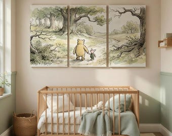 May include: A three-panel canvas art set featuring a watercolor illustration of Winnie the Pooh and Piglet walking in a forest. The artwork hangs above a wooden crib with a white mattress, pillows, and a light green blanket. A woven basket and a rug are in the foreground.