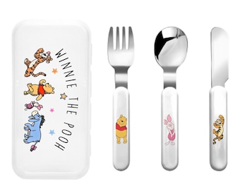 Juego de cubiertos para guardería de Winnie The Pooh con mango recto, cuchillo y cuchara para niños pequeños de Disney, juego de utensilios para niños con el oso Pooh y sus amigos, regalo de alimentación para bebés