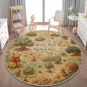May include: A round area rug featuring a detailed map of the Hundred Acre Wood with Winnie the Pooh illustrations. The design includes green trees, winding paths, and text reading Winnie the Pooh Hundred Acre Wood in a vintage, illustrated style.